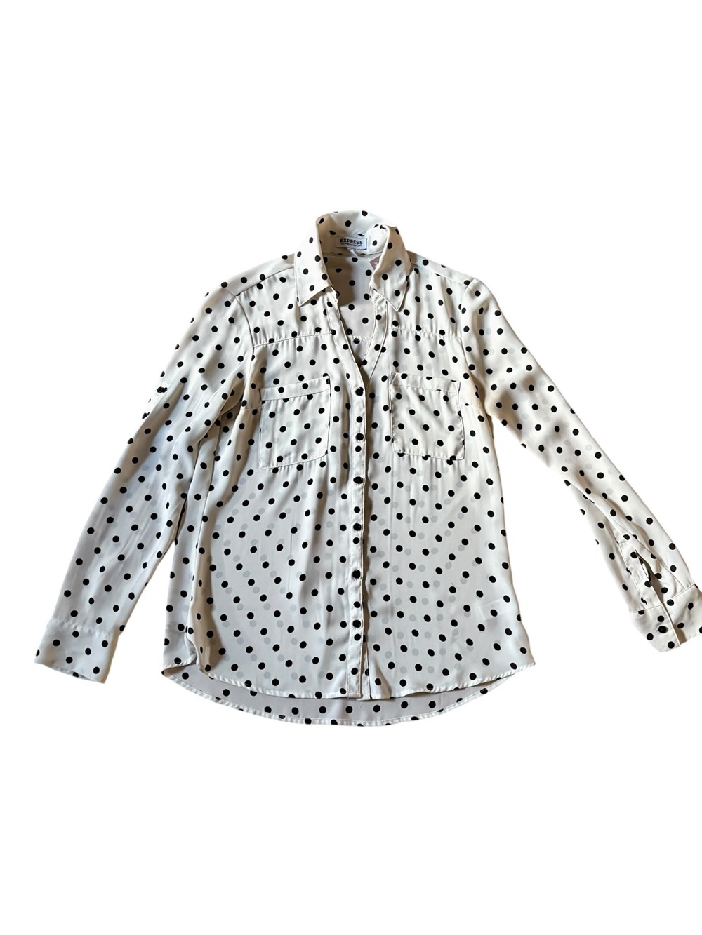 Express Portofino Button-Down Top Blouse SIZE SMALL Ivory Black Polka Dot
